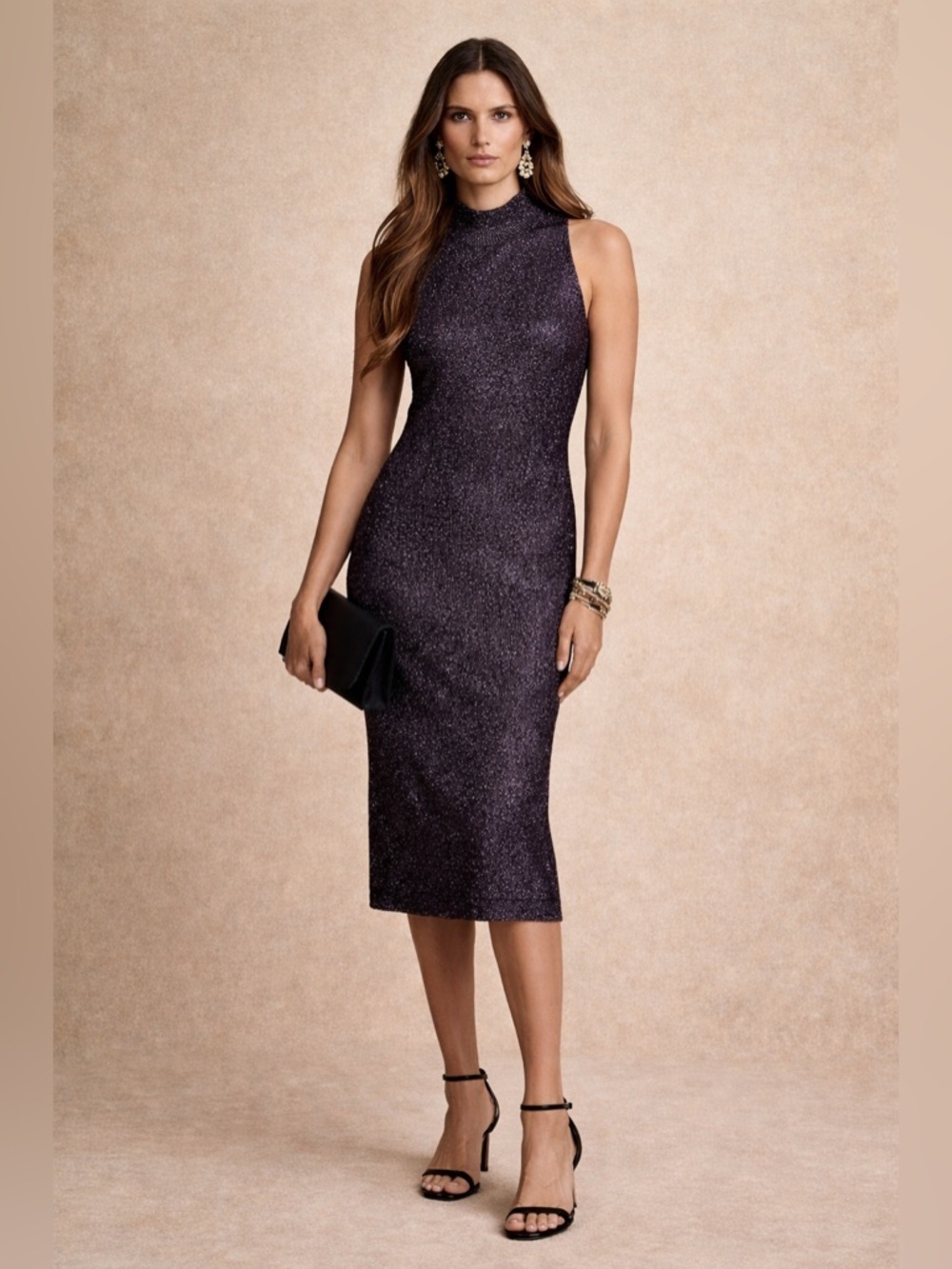 Silk Metallic Sleeveless Mock neck Dress Large with matching cardigan set